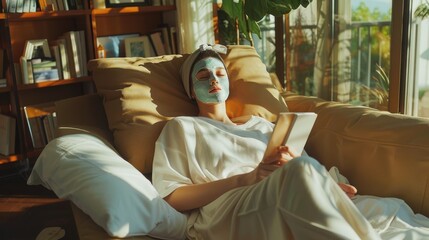 Obraz premium A relaxed individual applies a hydrating sheet mask while lounging on a comfortable sofa, the room filled with warm sunlight. The scene exudes peaceful self-care