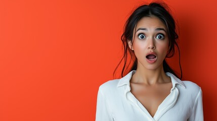 A mid-40s Latina woman with long dark hair tied back, wearing a white shirt, expresses surprise on a coral background