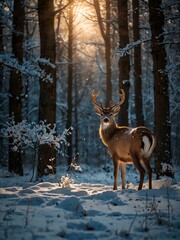A majestic deer illuminated in a snowy forest under magical light.