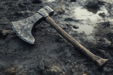A weathered axe lying on the ground, with a puddle of water nearby.