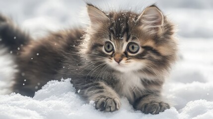 Playful Norwegian Forest Kitten Enjoying Snowy Day with Fluffy Fur and Sunlight