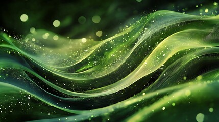 A flowing abstract design with green hues and sparkling elements, evoking a sense of tranquility and movement.