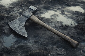 A weathered axe lying on damp ground with scattered debris.