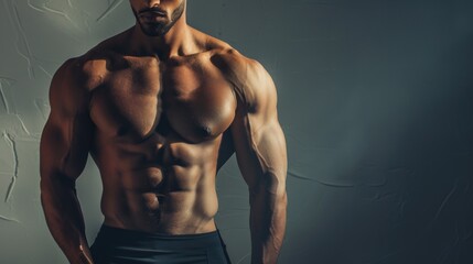 Obraz premium A shirtless man stands in front of a stone wall, ready for action