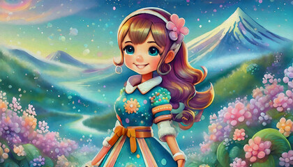 oil painting style cartoon character illustration  princess female with long hair wearing a floral dress. A fictional character created