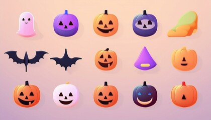 Classic Halloween Icons: A set of simple, flat icons featuring classic Halloween symbols like a pumpkin, ghost, bat, witch hat, black cat, and spider.  3D icon set halloween. 3D halloween. icon 