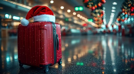 Red suitcase wearing santa hat waiting in airport terminal