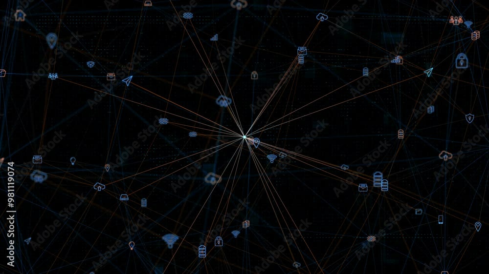 Poster motion graphic of blue digital ai technology icons linked on grid mesh and line connection on futuri
