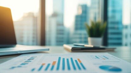 An office desk with business charts and a laptop, against a backdrop of a city skyline, representing corporate planning and data analysis.