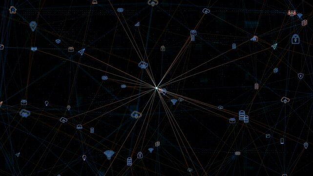 Motion graphic of Blue digital ai technology icons linked on grid mesh and line connection on futuristic abstract background technology
