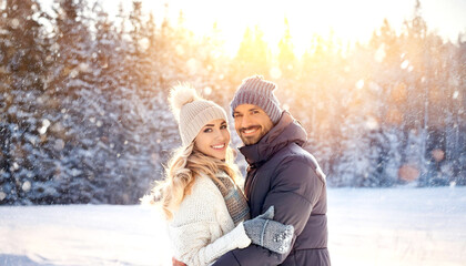 Gl&uuml;ckliches P&auml;rchen in Winterlandschaft 