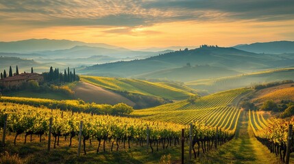 Fototapeta premium The peaceful vineyards of Tuscany, Italy, stretching across rolling hills.
