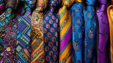 A collection of colorful ties displayed on a wall, great for illustration or decoration