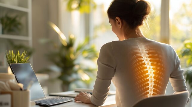 A woman with bad posture with a curved spine and sitting at her desk working on her computer. Skleos and spinal problems