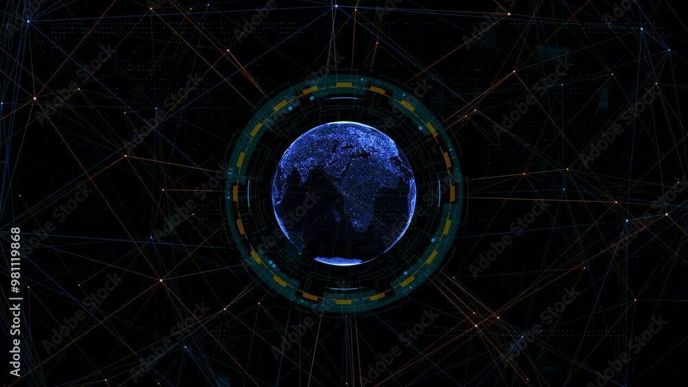 Aufkleber motion graphic of blue digital earth sphere with circle futuristic hud elements and orange line conn