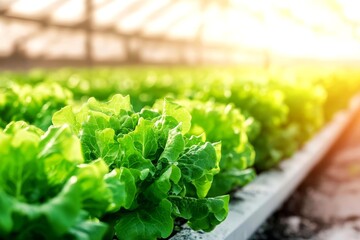 Vibrant green lettuce growing in a sunlit greenhouse, symbolizing healthy living and sustainable farming practices.