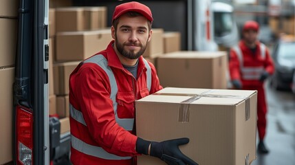 A male mover in a red and gray uniform holding a moving box with belongings. Moving, delivery service and work as a mover
