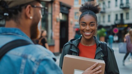 Smiling delivery person handing a package to a young woman outside a vibrant urban shopping mall.