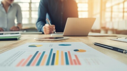 Close-up of financial charts on a desk during a business meeting, representing analysis, planning, and strategy discussion among professionals.