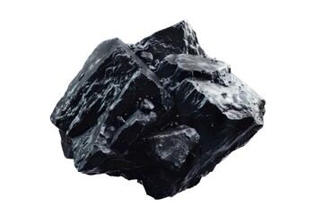 A single black rock sits on a white background