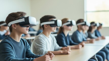 A group of students wearing virtual reality headsets in a bright classroom, engaged in immersive learning experiences