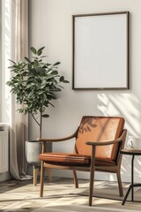 A simple living room scene featuring a single chair and a small plant