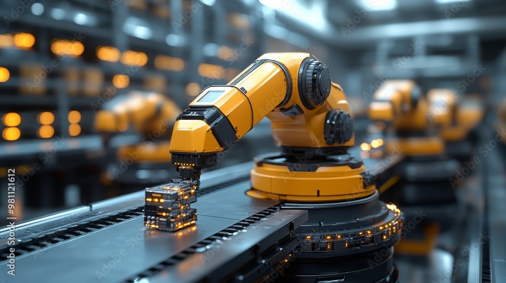 Poster advanced ai robots optimizing manufacturing processes in a modern factory setting
