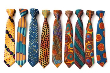 A collection of differently colored neckties arranged on a plain white surface