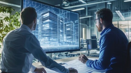 An architect and consultant working together, with blueprints and a computer screen displaying a facade design, highlighted with regulatory markers.