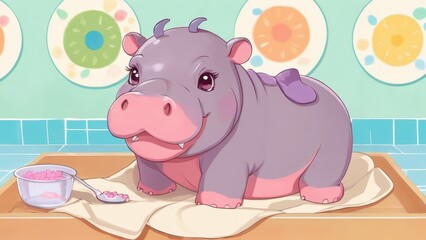 Naklejka premium Cute cartoon hippo in a colorful setting