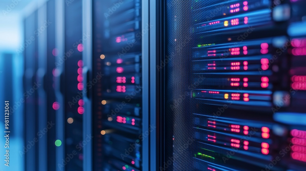Poster close-up view of server racks with illuminated lights, showcasing modern data center technology and 
