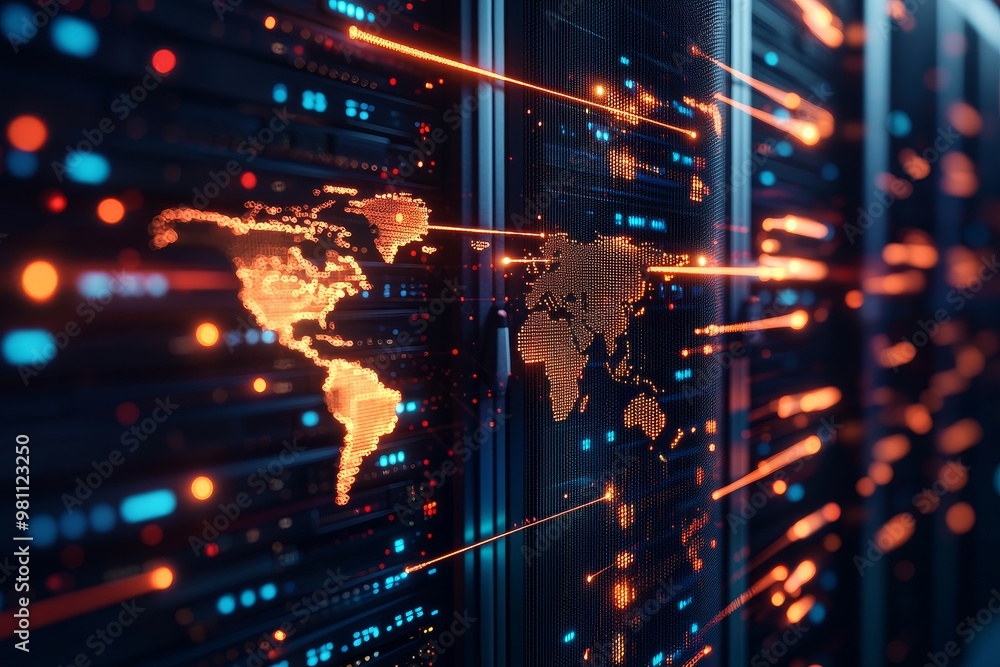 Poster futuristic digital world map with glowing data connections, representing global technology and netwo