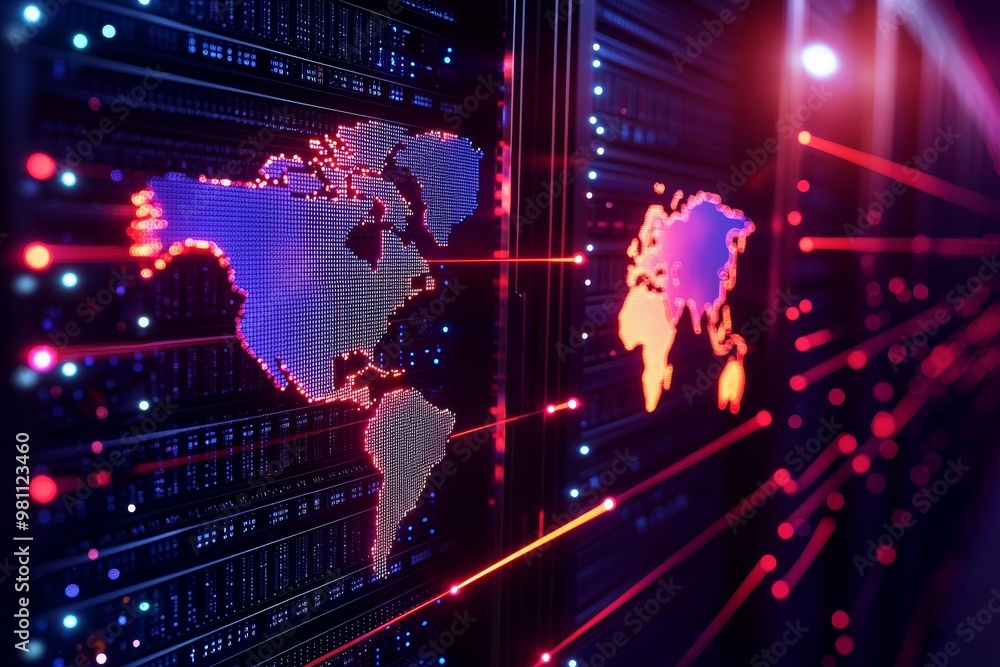 Poster a vibrant digital landscape showcasing illuminated maps with data streams, symbolizing global connec