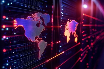 Obraz premium A vibrant digital landscape showcasing illuminated maps with data streams, symbolizing global connectivity and technology.