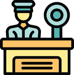 Airport security officer is sitting at a passport control desk, checking travel documents of arriving passengers