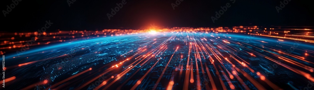 Poster abstract digital landscape with vivid lights creating a sense of speed and depth, representing techn