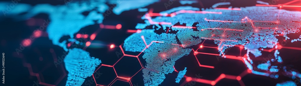 Poster abstract digital map showcasing interconnected global networks with vibrant colors and geometric pat