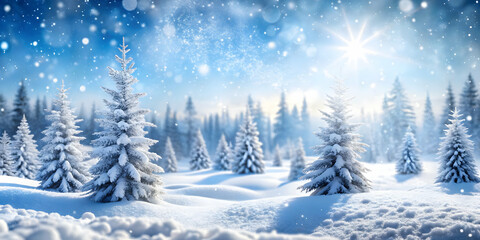 Soft Focus Winter Wonderland: Serene Snow-Covered Trees and Gentle Snowfall � Perfect Holiday Photo Stock Concept with Ample Copy Space for Festive Messages