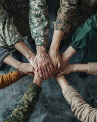 Hands of multiple people joined together in unity.