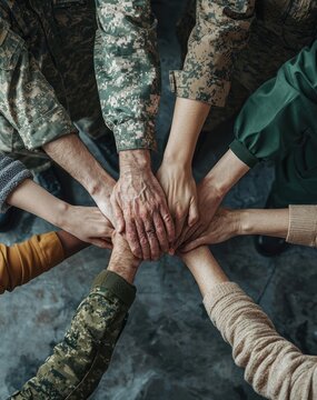 Hands of multiple people joined together in unity.