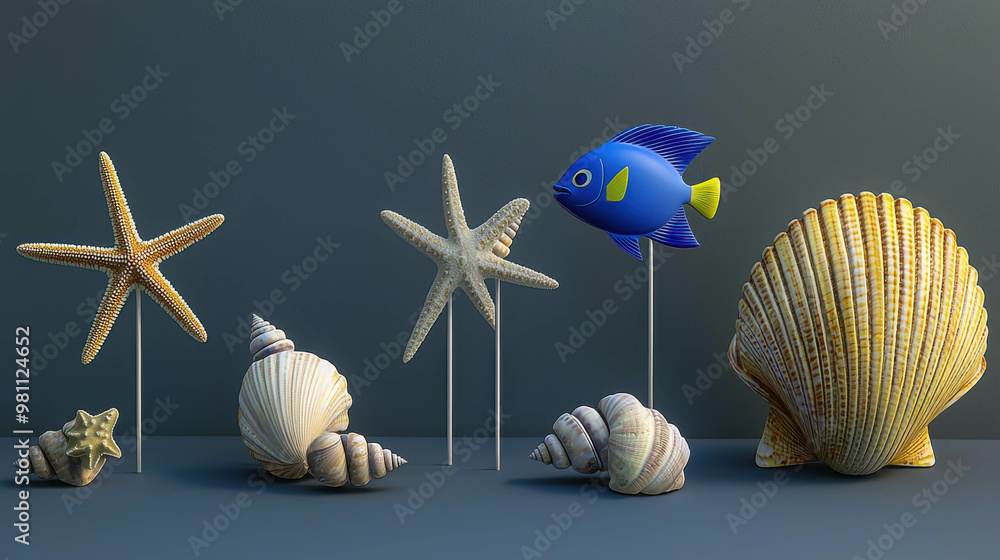 Poster a collection of seashells and a fish are displayed on a grey background. the seashells are arranged 