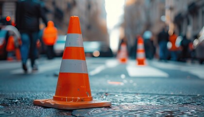 A traffic cone stands prominently on a busy city street, warning pedestrians and drivers of construction and road work ahead.