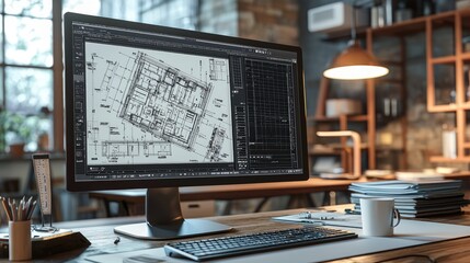 An office desk with a modern computer monitor displaying detailed millwork shop drawings in AutoCAD. The screen shows intricate cabinet 