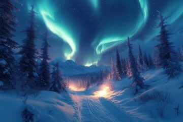 Obraz premium enchanting winter trail winding through snowcovered pines illuminated by vibrant auroras painting the night sky in swirling greens and purples