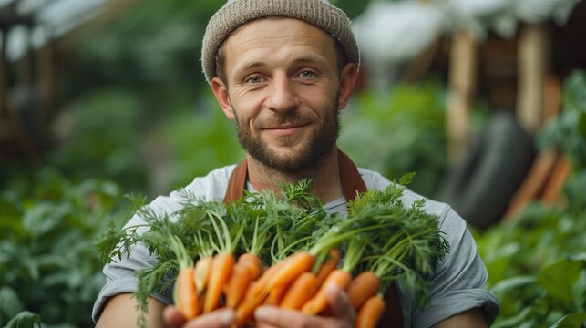 Smiling farmer holds freshly harvested carrots, showcasing the beauty of organic farming and the joy of cultivating fruits and vegetables.