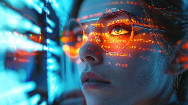 Blue and orange digital code streams on a dark screen.