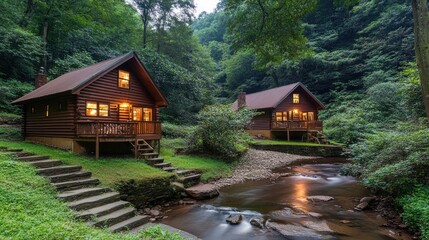 Two charming log cabins stand in a wooded landscape, connected by stone steps. A warm fireplace glows invitingly, surrounded by tranquil nature and a winding stream.