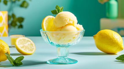 Refreshing lemon sorbet served in glass bowl with mint leaves