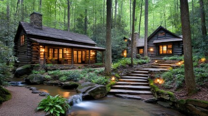 Two charming log cabins stand in a wooded landscape, connected by stone steps. A warm fireplace glows invitingly, surrounded by tranquil nature and a winding stream.