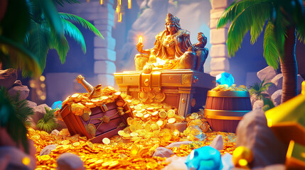 The temple with palm trees and a statue of a god, game background, Illustration
